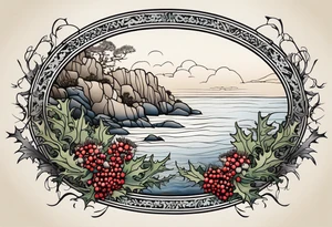 An oval frame of driftwood and seaweed with a thistle at the bottom of the frame and holly berries. The framed image is of a cliffside beside the sea. tattoo idea