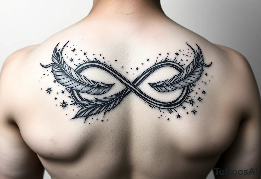 infinity symbol woven with floating feathers and stardust tattoo idea