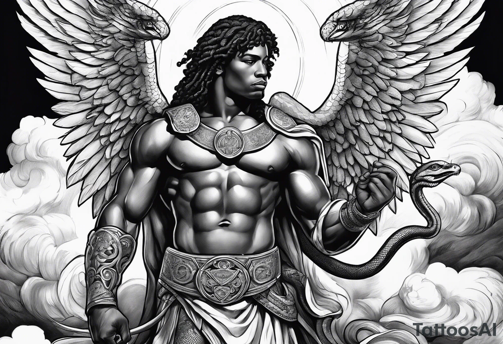 archangel Michael, sword, snake, bible verse, cross, clouds , african american tattoo idea