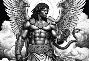 archangel Michael, sword, snake, bible verse, cross, clouds , african american tattoo idea