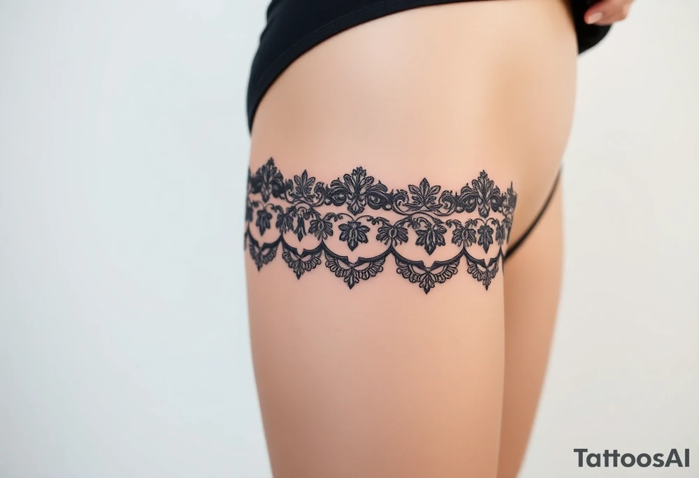 A negative space garter tattoo design, where the lace details are subtly left out, creating a beautifully elegant silhouette effect tattoo idea