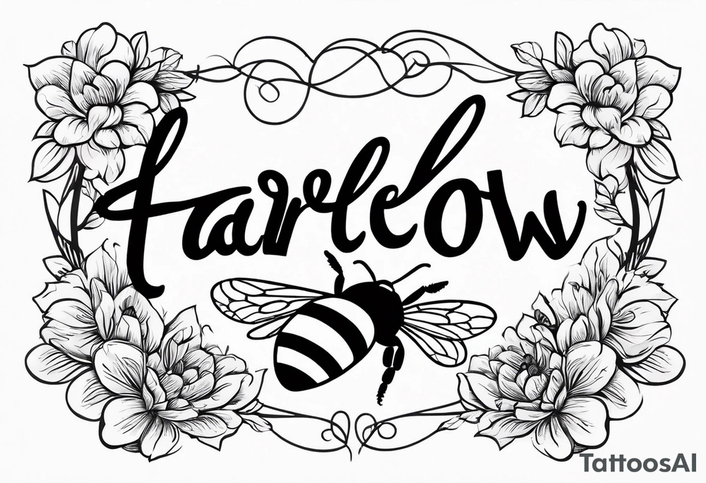 Harlow written in cursive and then a bumblebee flying off the end of the w at the end of the name tattoo idea