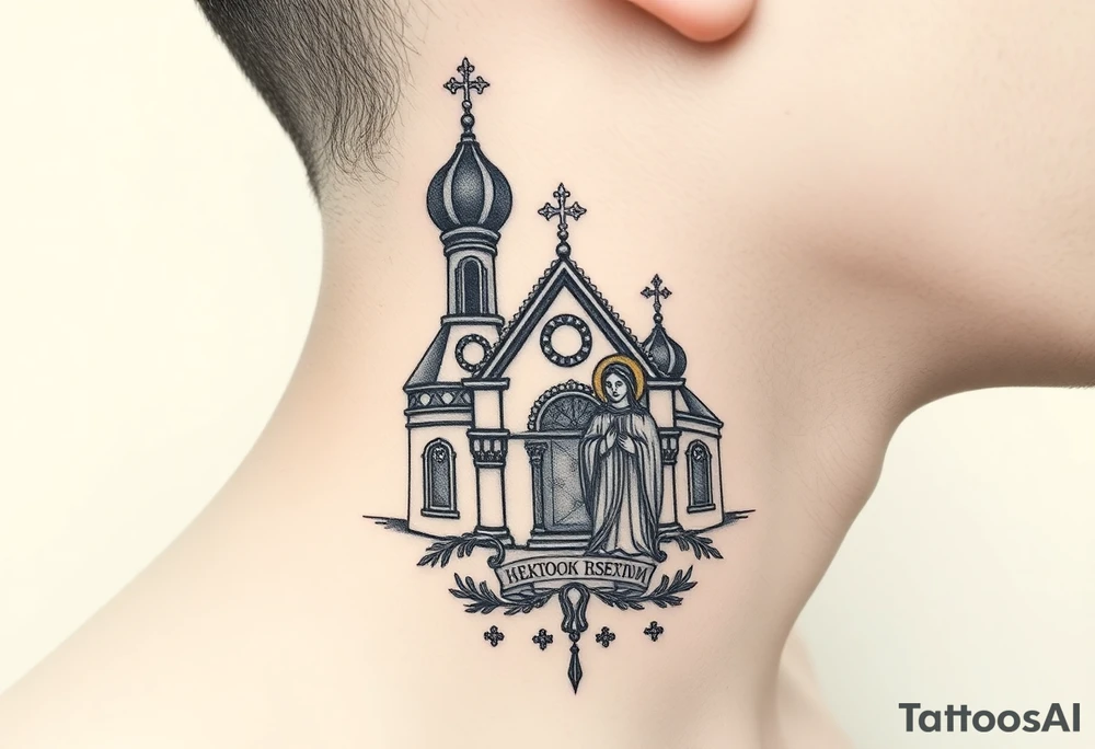 medium traditional russian orthodox church with russian coat arms and virgin mary on the side of your neck tattoo idea