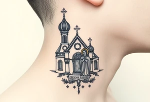 medium traditional russian orthodox church with russian coat arms and virgin mary on the side of your neck tattoo idea