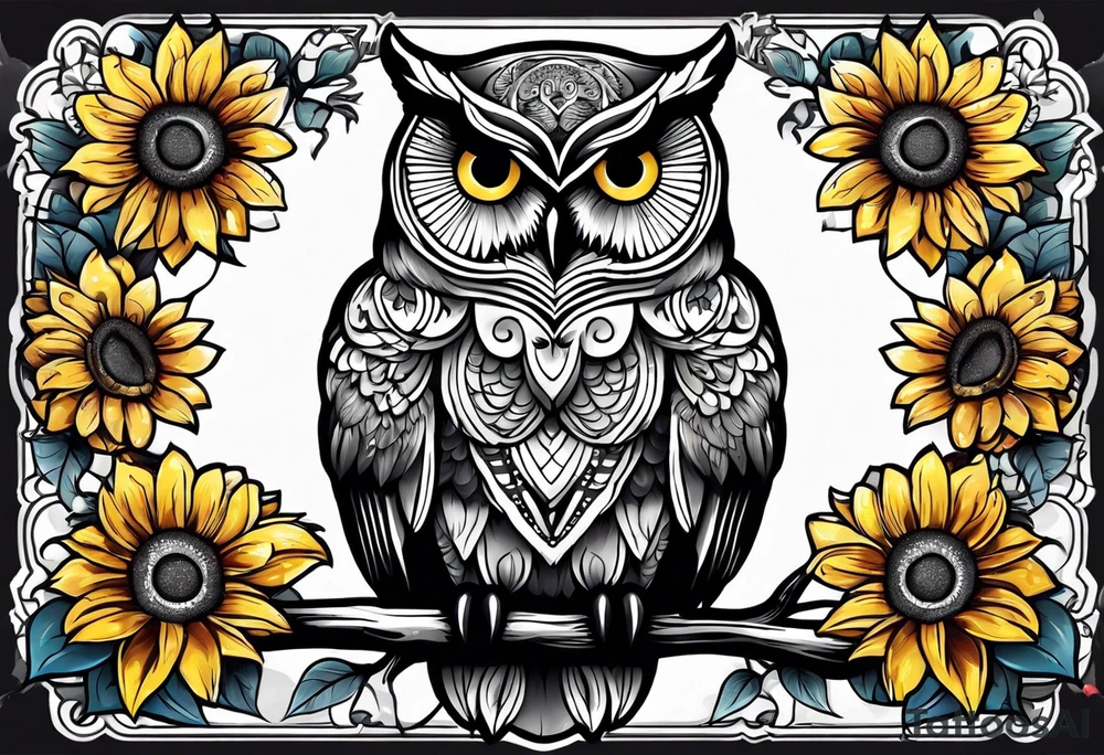 Owl with butterfly body surrounded by sunflowers tattoo idea
