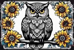 Owl with butterfly body surrounded by sunflowers tattoo idea