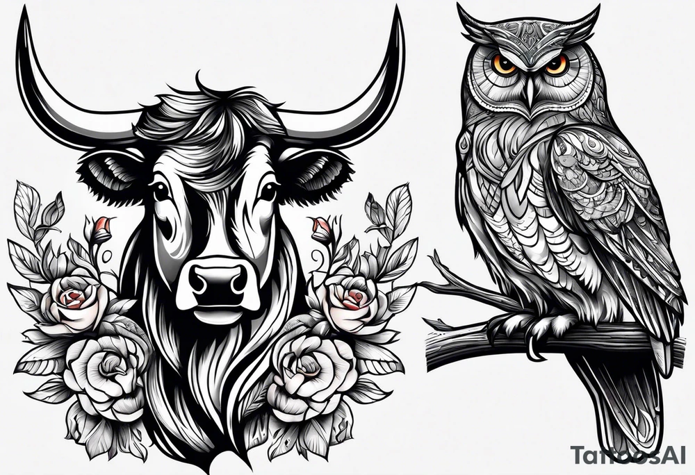 a cow and an owl standing next to each other tattoo idea