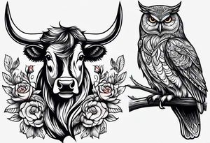 a cow and an owl standing next to each other tattoo idea