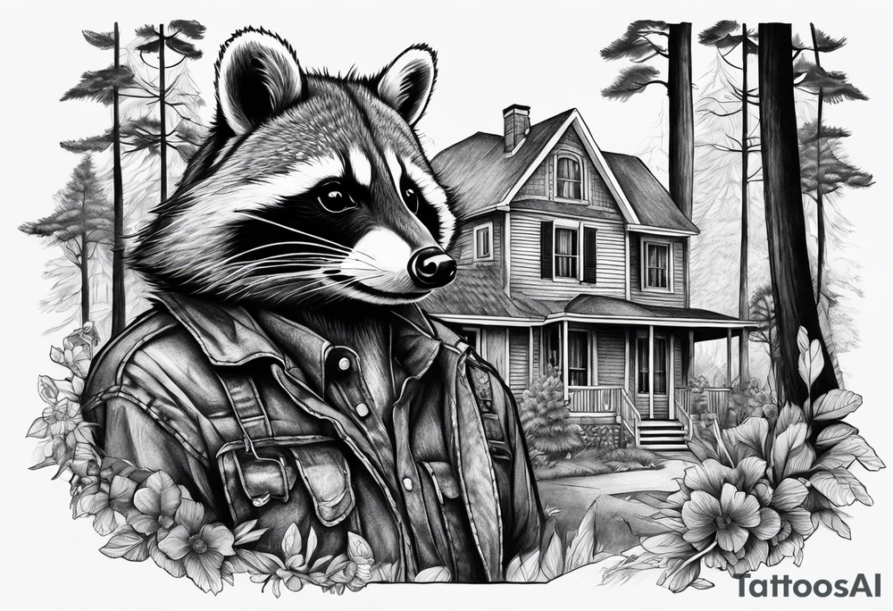 Hard working Raccoon Husband
Raccoon wife and Child in the Back
Background House and woods tattoo idea