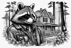 Hard working Raccoon Husband
Raccoon wife and Child in the Back 
Background House and woods tattoo idea