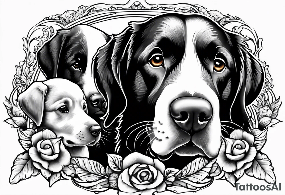 Black Labrodor Retriever standing gaurd over two angel babies memorial tattoo tattoo idea