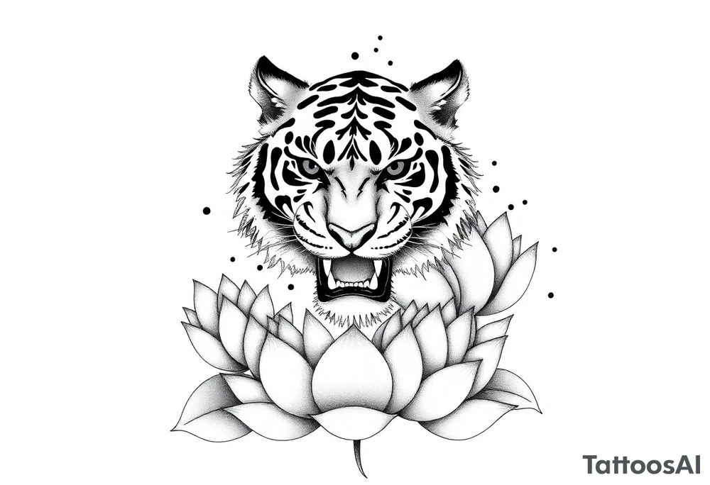 fierce tiger emerging through blooming lotus flowers in mist tattoo idea