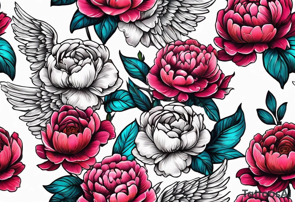 beautiful angel wings with floral peonies, roses, neon, brightly colored. highly detailed, tattoo idea