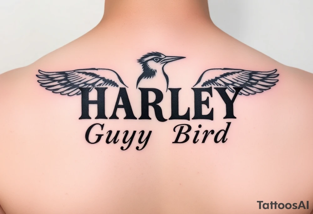a couple names being Harley and Guy bird combined lettering meaning Harley bird tattoo idea