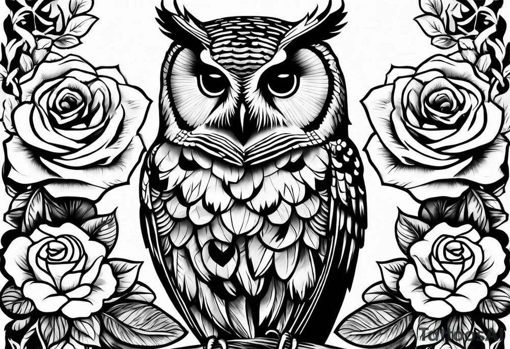 Barred owl and roses tattoo idea