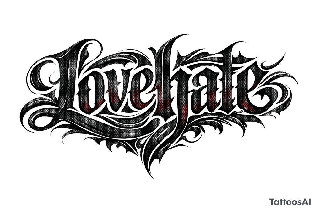 Textured font 'lovehate' in charcoal with deep red highlights.combine the two words to make one word overlapping love and hate tattoo idea