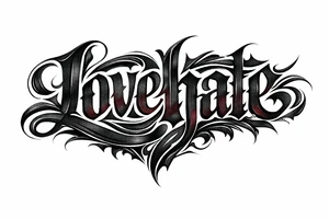 Textured font 'lovehate' in charcoal with deep red highlights.combine the two words to make one word overlapping love and hate tattoo idea