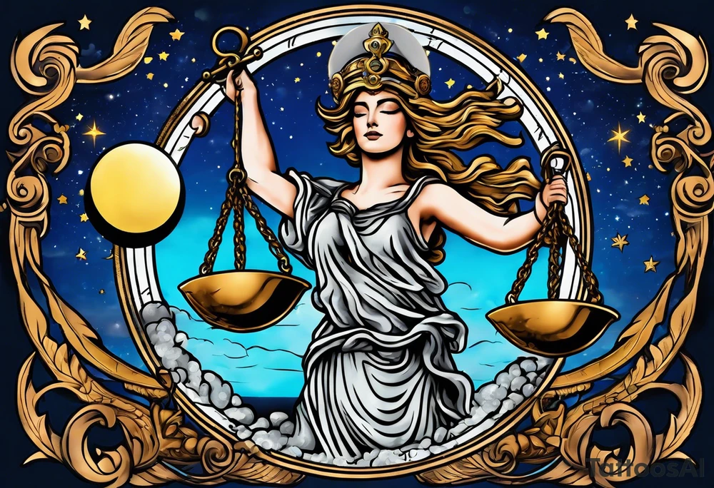 Themis holding the scales of justice while blindfolded with a moon in the background in color tattoo idea