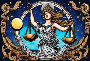 Themis holding the scales of justice while blindfolded with a moon in the background in color tattoo idea