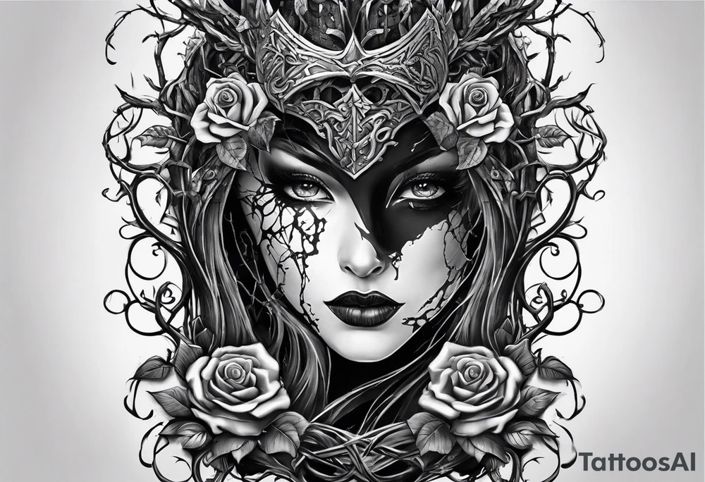 tattoo fool sleeve, dark gothic castle, tree roots break out of the chains, broken mask, roses tattoo idea