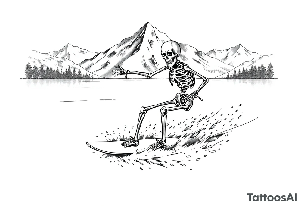 skeleton wakeboarding on lake, mountains in the background tattoo idea