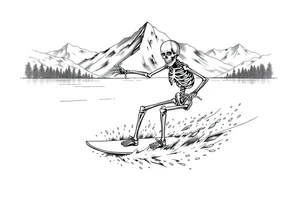 skeleton wakeboarding on lake, mountains in the background tattoo idea