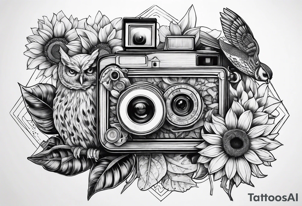 sunflower, camera, fish, owl tattoo idea
