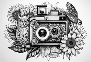 sunflower, camera, fish, owl tattoo idea