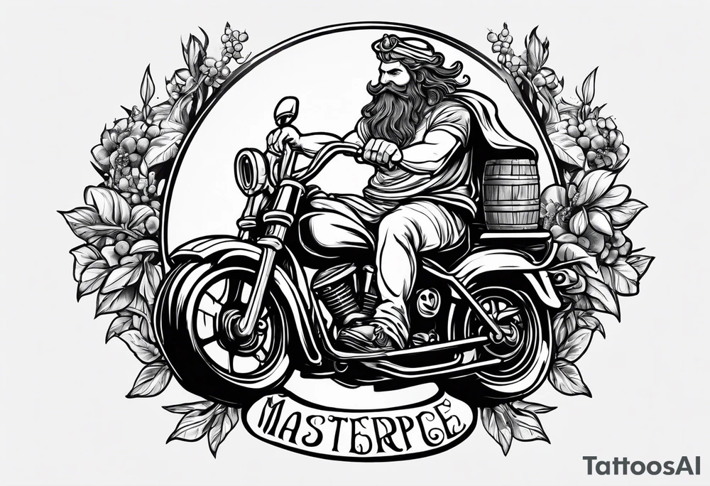 A fun jovial Dionysus riding a beer caske tattoo idea