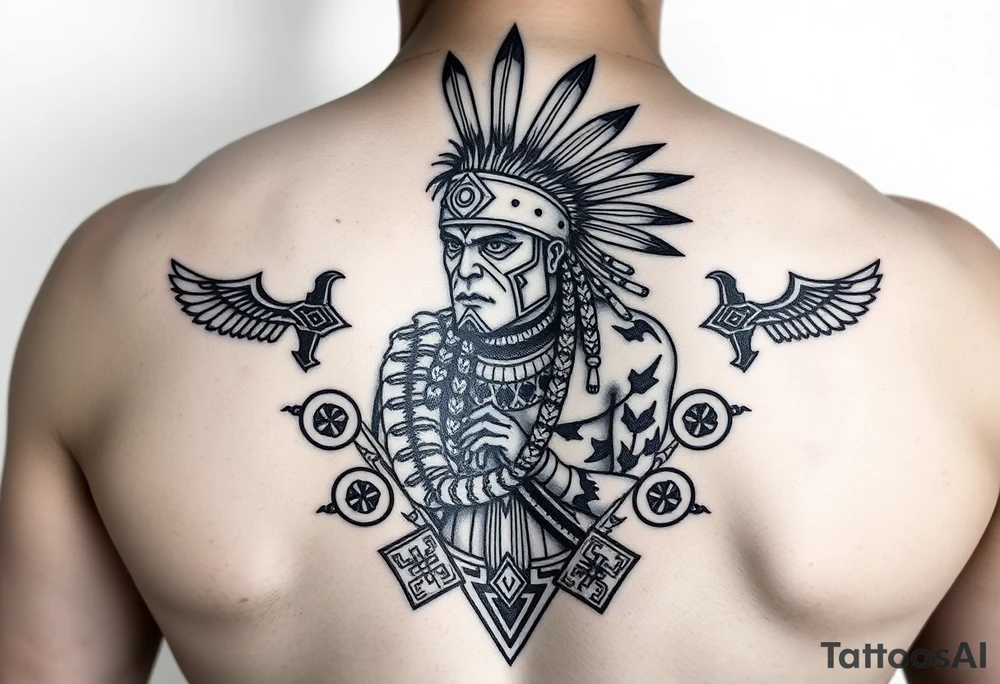 Purepecha warrior surrounded by purepecha symbols tattoo idea