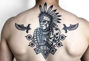 Purepecha warrior surrounded by purepecha symbols tattoo idea