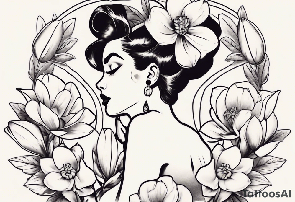pin-up style queen with retro features surrounded by magnolia flowers tattoo idea