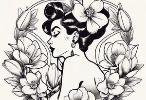 pin-up style queen with retro features surrounded by magnolia flowers tattoo idea