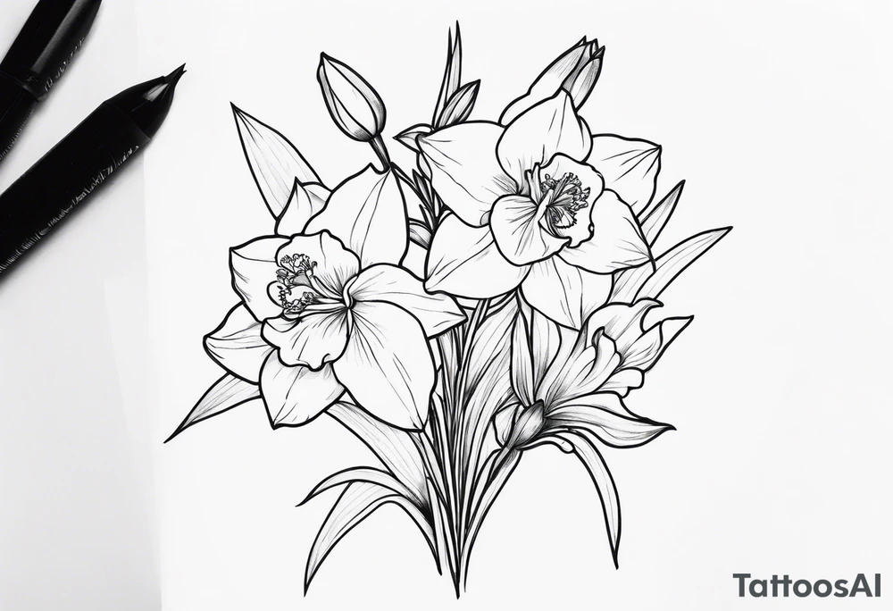 Larkspur flower, narcissus flower bouquet tattoo idea