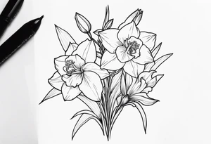 Larkspur flower, narcissus flower bouquet tattoo idea