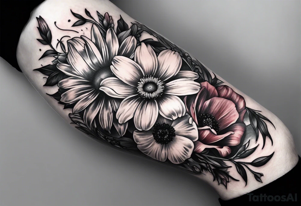 A sleeve of a single daisy and a rose with poppies and gladiolus flowers weaving through the daisy and rose tattoo idea