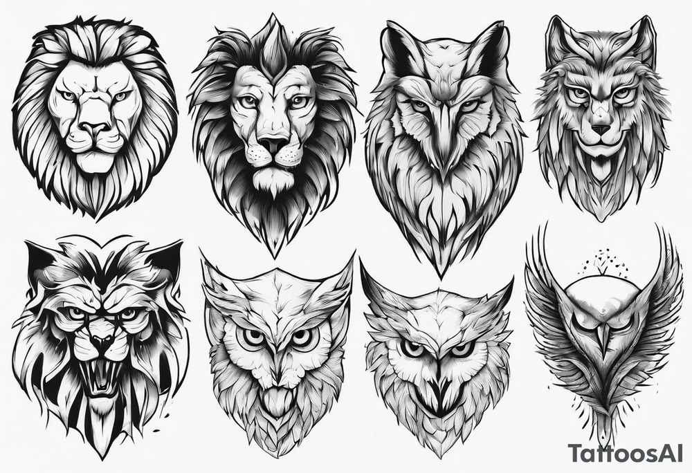A lion, an owl, a wolf tattoo idea