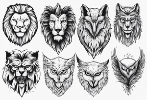 A lion, an owl, a wolf tattoo idea