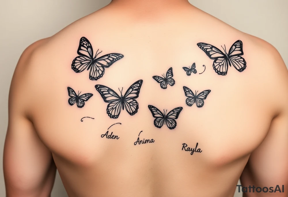 Six Butterflies with kids names streaming down arm  names of kids are Aden, Novaih, Aninna, Rayla, Jayla tattoo idea