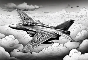 Fighter jet with a Celtic cross in the clouds. With the date 09-07-2023 in clouds tattoo idea