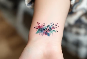 Clean black line text with abstract watercolor bursts in wine red, indigo, and moss green. tattoo idea