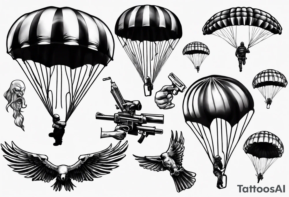 man parachute and shooting guns tattoo idea