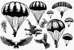 man parachute and shooting guns tattoo idea