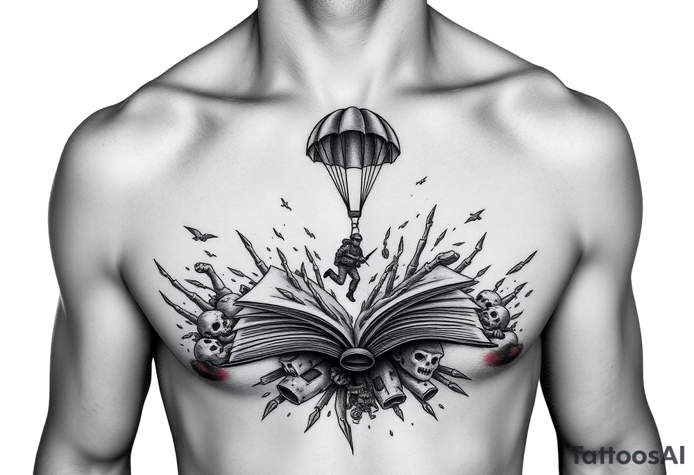 A parachuting soldier landing into an open book. Chaos surrounding, but the book is protecting the soldier from it. On the chest. Make it smaller. Thought provoking tattoo idea