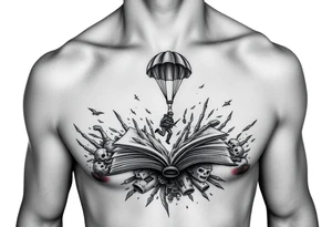 A parachuting soldier landing into an open book. Chaos surrounding, but the book is protecting the soldier from it. On the chest. Make it smaller. Thought provoking tattoo idea