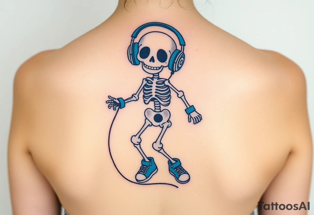 Cute smiling skeleton jumping on a jump rope with blue headphone and blue tennis shoes and blue armbands with nice  music notes on the headphones tattoo idea