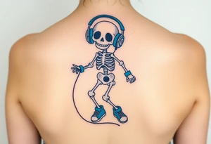 Cute smiling skeleton jumping on a jump rope with blue headphone and blue tennis shoes and blue armbands with nice  music notes on the headphones tattoo idea