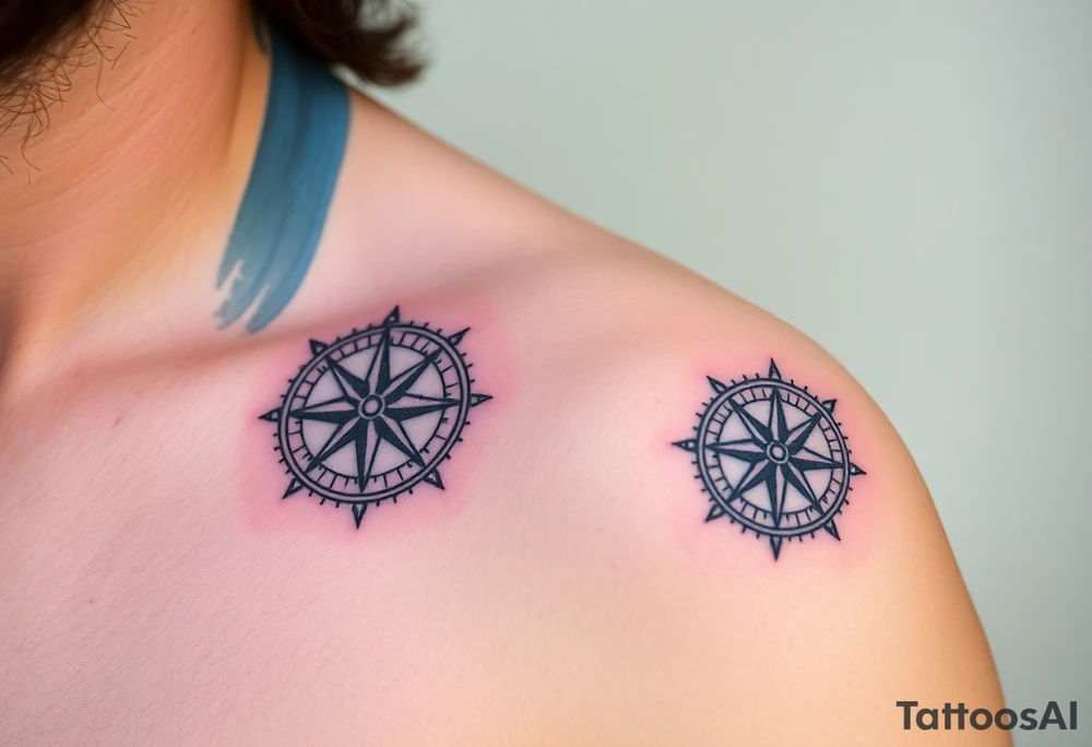 Father and child have identical black and grey compass tattoos symbolizing guidance through life’s journey. tattoo idea