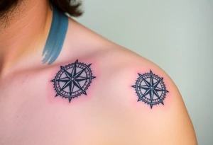 Father and child have identical black and grey compass tattoos symbolizing guidance through life’s journey. tattoo idea