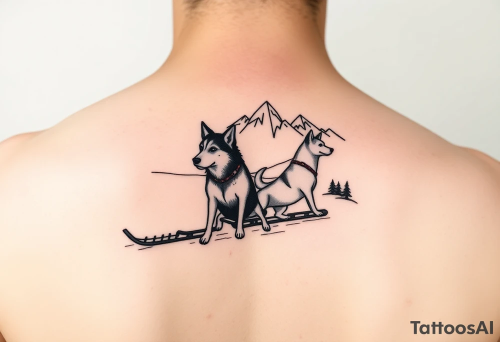 Sled dogs from a side view 
with sled and northern lights and mountains tattoo idea